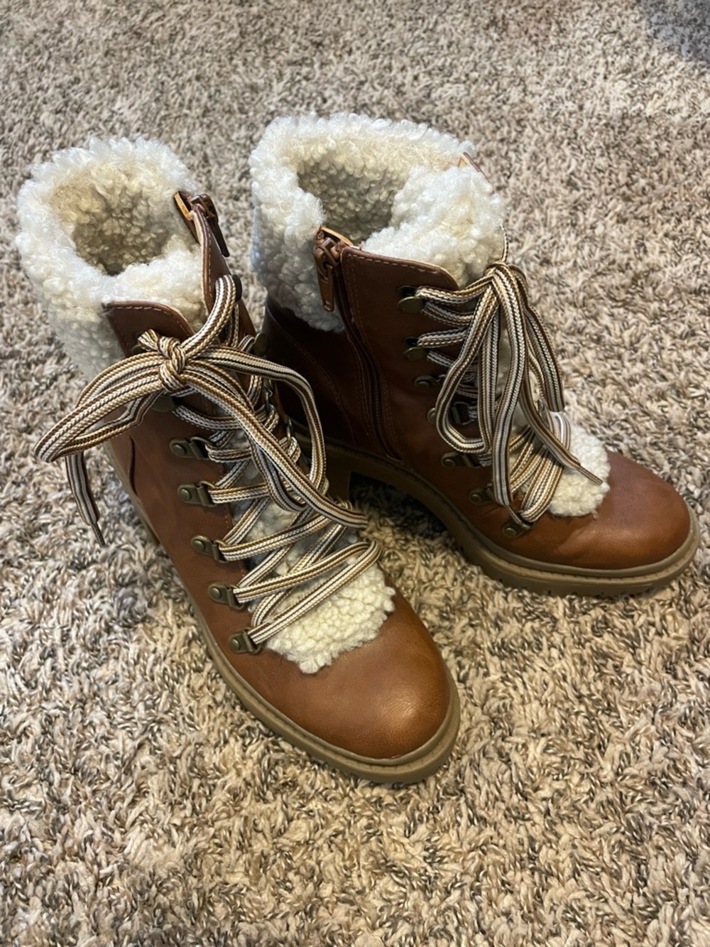 Universal Thread Brown Faux-Leather Lace-Up Boots with Cream Sherpa